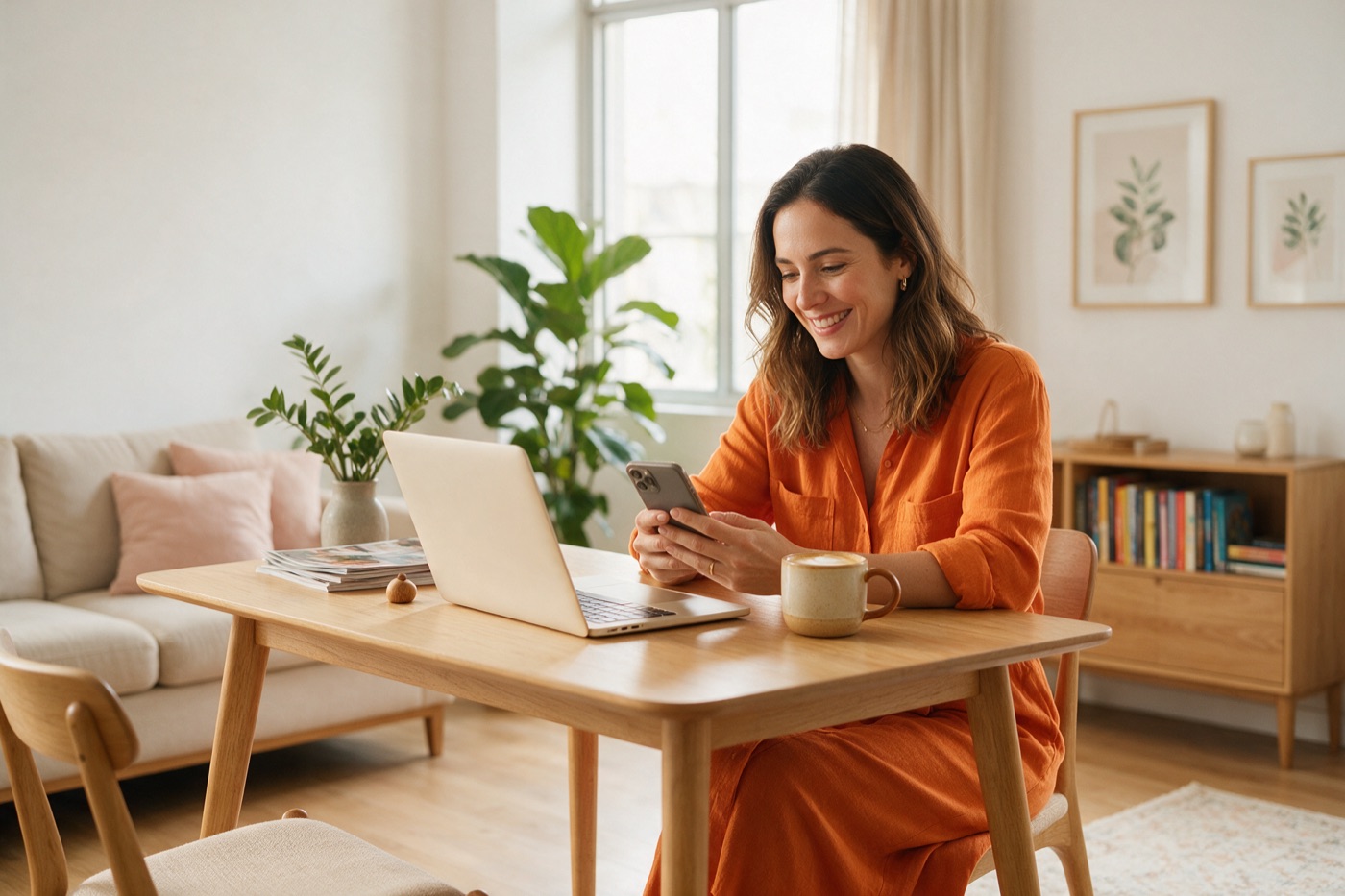Mulher sorrindo ao olhar o celular em uma sala clara, com notebook e uma xícara de café sobre a mesa